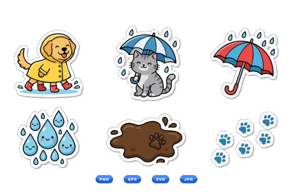 Cute Rainy Day Pet Clipart: Graphics for Playful Branding