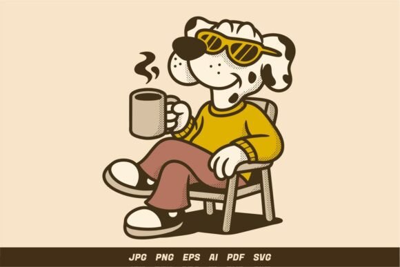 Retro Dog Drinking Coffee Illustration Graphics